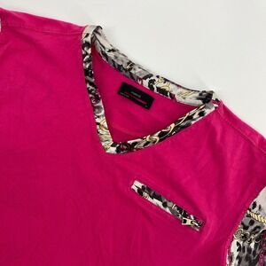 Forte V-Neck Top Women Medium Pink Leopard Chain Print Side Zips Eclectic Mob